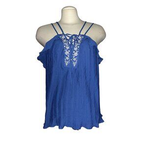 Takara NWT Blue Strappy Boho Embroidered Floral Tank Top Sz Large Womens Ruffle
